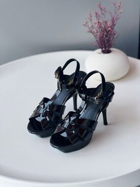 Yves Saint Laurent Black Patent Leather High Heel Platform Sandals
